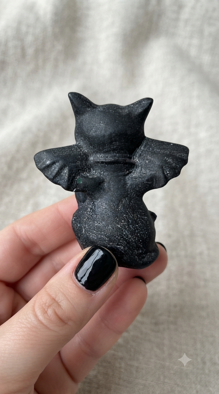 Sculpture de chat avec ailes tourmaline noire