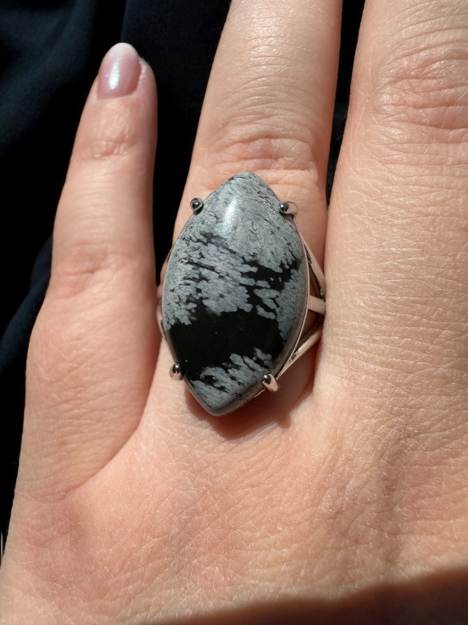 Bague obsidienne flocon de neige