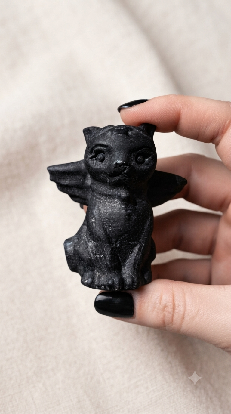 Sculpture de chat avec ailes tourmaline noire