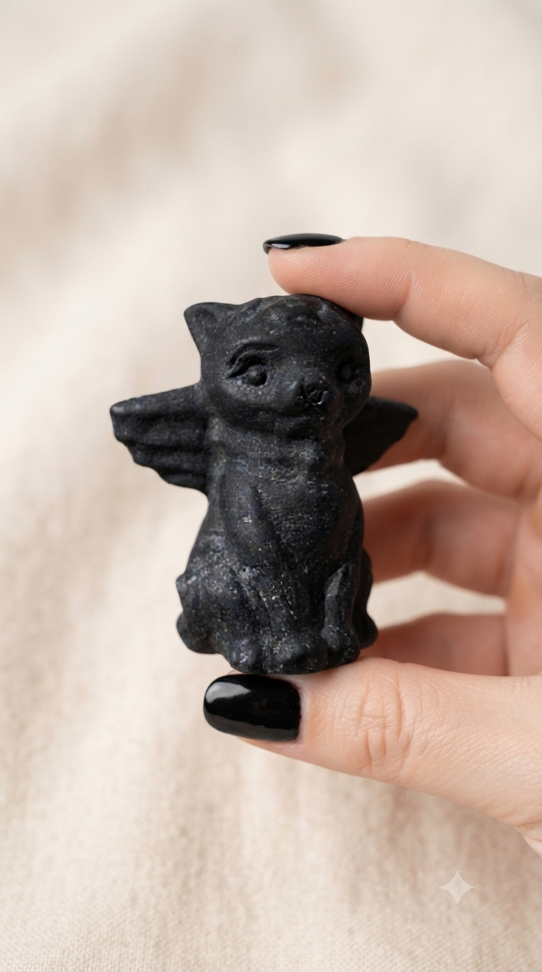 Sculpture de chat avec ailes tourmaline noire