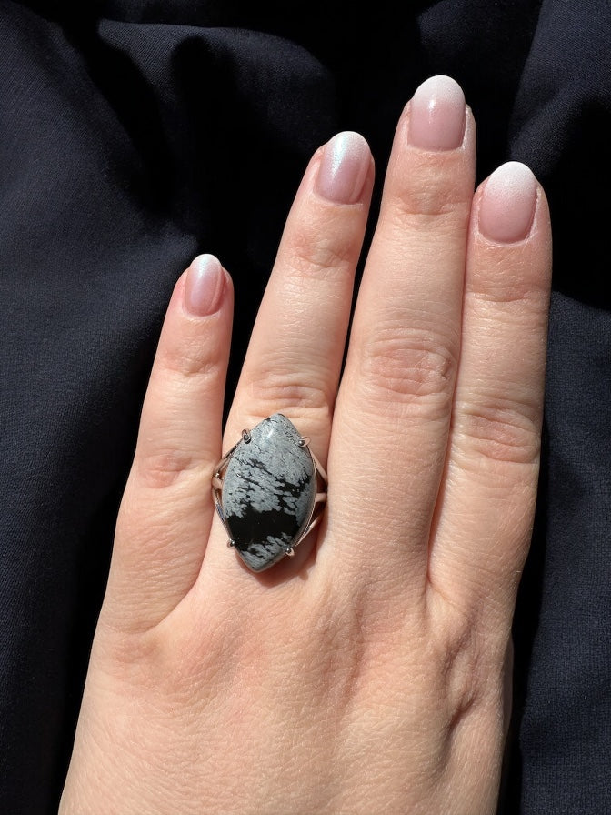 Bague obsidienne flocon de neige