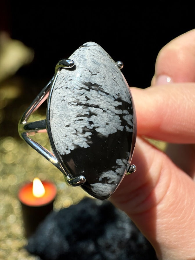 Bague obsidienne flocon de neige